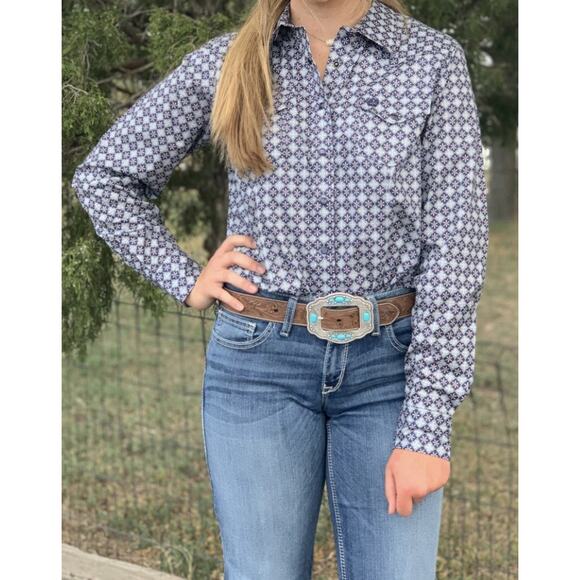Cinch Tops - Cinch Women's Long Sleeve Blue Pink pearl snap Button Up Shirt - Size X